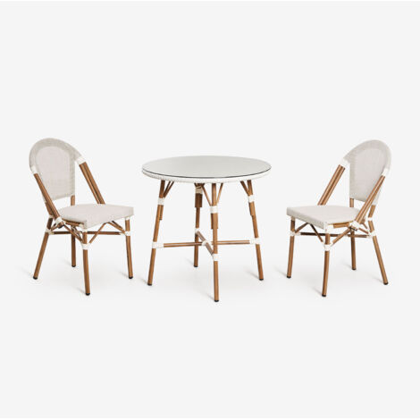 Set da tavolo rotondo Brielle Bistro (diametro 80 cm) e due sedie da giardino impilabili in alluminio SKLUM