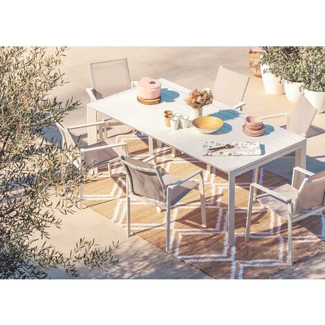 Set pranzo tavolo 90/180x90 cm e 4 sedie con braccioli in alluminio e  textilene marrone 