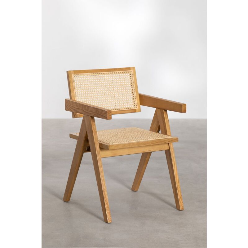 Pack de 4 chaises de salle à manger rembourrées avec accoudoirs en bois de  frêne et rotin Lali - SKLUM