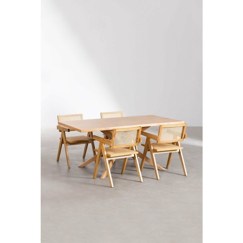 Ensemble table à manger rectangulaire (180x90 cm) Arnaiz et 4 chaises avec  accoudoirs en bois de Fresno et rotin style Lali - SKLUM