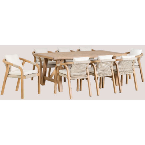 Sklum – Ensemble table rectangulaire 200x100 cm et 8 chaises en bois d'acacia – Coussins déhoussables – Tressage élégant pour extérieur