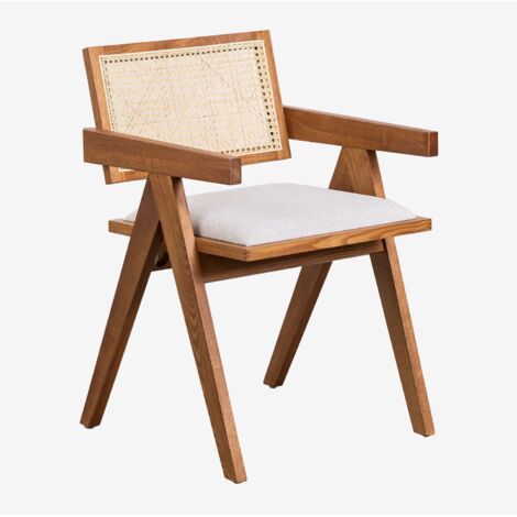 Sklum – Chaise de salle à manger en bois de frêne rembourrée – Accoudoirs en rotin – Dimensions 79x52x54 cm – Confort vintage et design élégant (1/5)