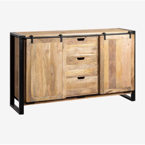 Sklum – Commode enfant 150x45 cm en bois de manguier – 3 tiroirs et 2 portes coulissantes – Finition naturelle et métal – Style industriel
