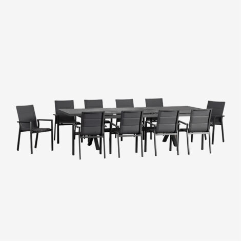 Ensemble table extensible rectangulaire Karena 240-300x100 cm et 10 chaises de jardin empilables avec accoudoirs en aluminium SKLUM Gris Graphite (1/5)