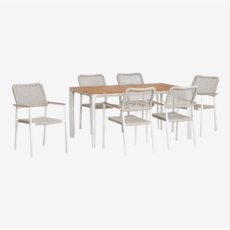 Ensemble de Table Rectangulaire en Aluminium et Bois de Teck (160x90 cm) Katiana et 6 Chaises en Aluminium et Corde Tressée Nedi SKLUM Blanc (1/5)