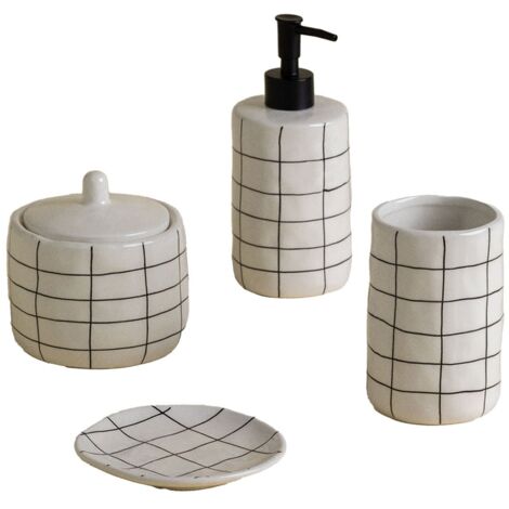 Sklum – Ensemble de salle de bain en grès noir – 4 pièces – Distributeur de savon, gobelet, porte-savon, pot avec couvercle – Design moderne