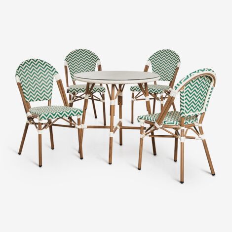 Ensemble table ronde Brielle Bistro (80 cm de diamètre) et 4 chaises de jardin empilables en aluminium SKLUM Vert Choux - Blanc Gardenia (1/5)