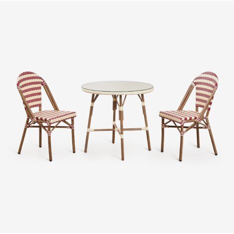 Ensemble table ronde Ø80 cm et 2 chaises de salle à manger empilables en aluminium Brielle Bistro SKLUM Rouge Bordeaux - Beige Crème (1/5)