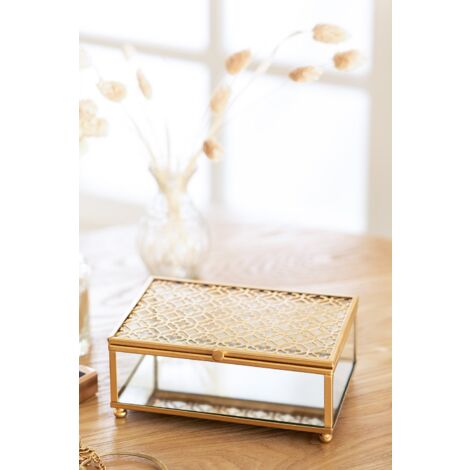 Plateau Décoratif à Bijoux En Verre Miroir Et Métal Doré - Dimensions 21x14 Cm - Pour Rangement Salle De Bain, Coiffeuse, Décoration