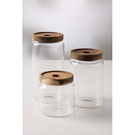 Relaxdays Lot de 3 bocaux en Verre, Couvercle en Bambou, carré
