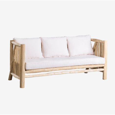 Sklum – Canapé de jardin 3 places en bois de teck – Coussins déhoussables en coton – Dimensions 78x180x80 cm – Finition naturelle élégante