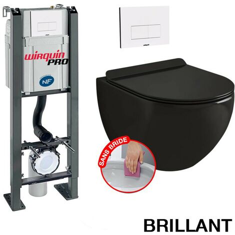 Pack Complet WC Sans Bride Bati Autoportant + Cuvette Noir Brillant sans bride + Plaque Blanche DESIGN
