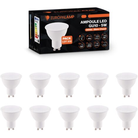 Europalamp – Lot de 10 ampoules LED GU10 5W – Équivalent 40W – Blanc chaud 3000K – Grand angle 110° – Non dimmable – Classe énergétique A+