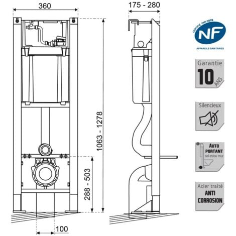 Pack complet WC bâti autoportant + Cuvette gris matt suspendu