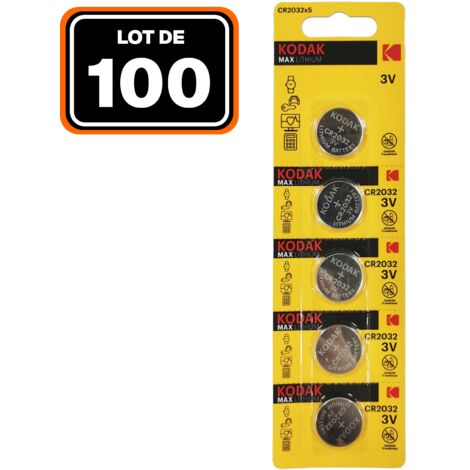 Lot de 100 Piles Bouton CR2032 3V 210mAh Lithium KODAK (1/2)