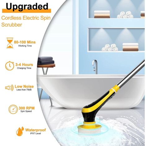 Brosse de nettoyage électrique Spin Scrubber sans fil - Brosse multifonction avec 6 têtes de brosse et barre télescopique réglable pour salle de bain, toilettes, baignoires, carrelage et sol