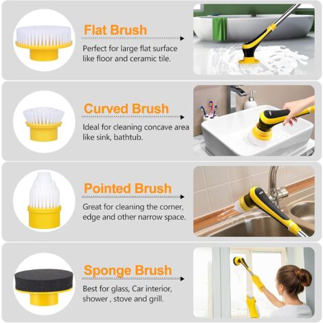 Brosse de nettoyage électrique Spin Scrubber sans fil - Brosse multifonction avec 6 têtes de brosse et barre télescopique réglable pour salle de bain, toilettes, baignoires, carrelage et sol