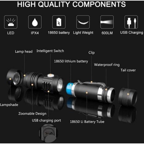 Lampe Torche LED Rechargeable USB, Lampe de Poche 600 Lumens, IP65 étanche, 4 Modes Eclairage, Lampe de Poche Zoomable pour Ménage, le Camping, La Randonnée, D'urgence (Batterie Incluse)-