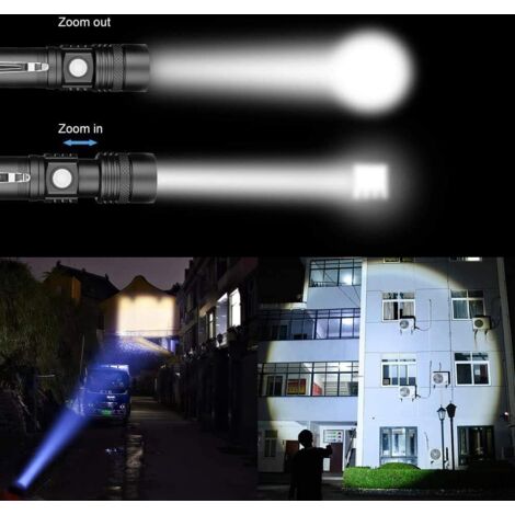 Lampe Torche LED Rechargeable USB, Lampe de Poche 600 Lumens, IP65 étanche, 4 Modes Eclairage, Lampe de Poche Zoomable pour Ménage, le Camping, La Randonnée, D'urgence (Batterie Incluse)-