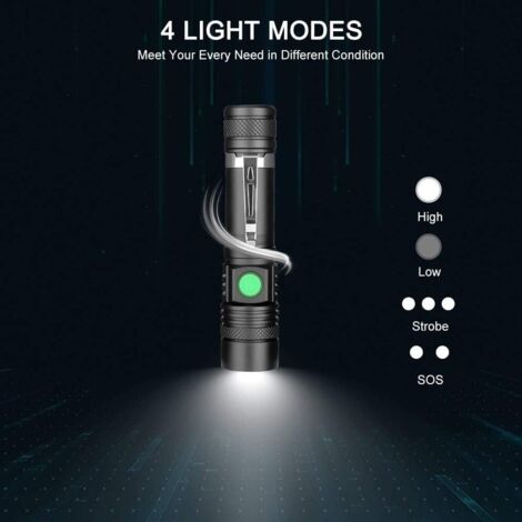 Lampe Torche LED Rechargeable USB, Lampe de Poche 600 Lumens, IP65 étanche, 4 Modes Eclairage, Lampe de Poche Zoomable pour Ménage, le Camping, La Randonnée, D'urgence (Batterie Incluse)-