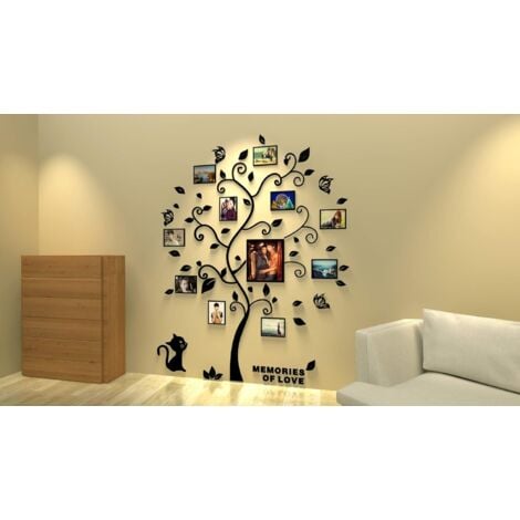 Photo Stickers Autocollants Muraux Amovibles 3D Acrylique Arbre avec des Branches Incurvées et des Cadres de Photo(Feulles noires)-