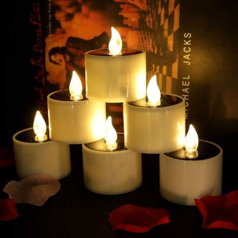 6 bougies solaires scintillantes alimentées par l'énergie solaire sans flamme LED bougie thé parfait pour Noël, décoration de la Saint-Valentin, pièce maîtresse de fête, anniversaire, mariag-
