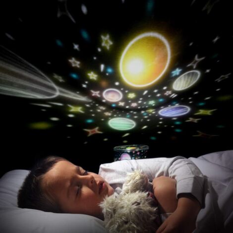 Veilleuse Enfant Lampe Etoile Projecteur, 360°Rotation Musicale Veilleuse + Minuterie + Télécommande + 6 Couleurs, LED Veilleuse Ciel Etoilé Bébé pour Anniversaire, Noël [Classe énergétique A++]-A-