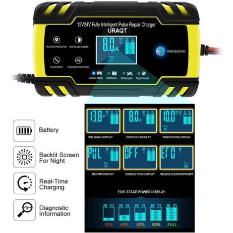 Chargeur de batterie de voiture, chargeur de batterie de voiture 8A 12V / 24V Entièrement automatique avec écran LCD, chargeur d'entretien intelligent pour voitures, motos, tondeuses à gazon ou bateau