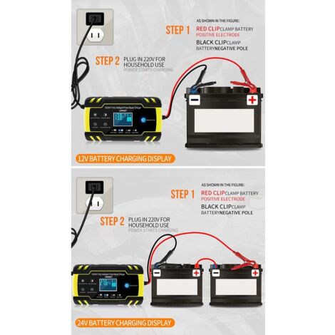 Chargeur de batterie de voiture, chargeur de batterie de voiture 8A 12V / 24V Entièrement automatique avec écran LCD, chargeur d'entretien intelligent pour voitures, motos, tondeuses à gazon ou bateau