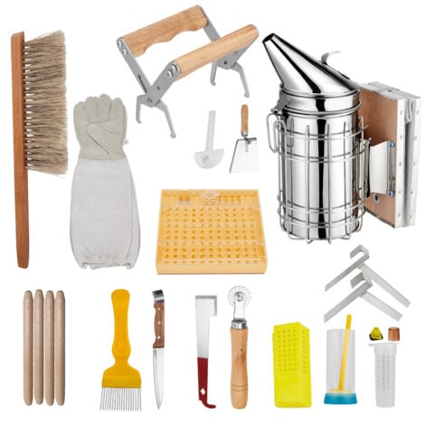 Kit d'outils de démarrage pour apiculture 15 pièces Kit de ruche Outils de ruche Accessoires d'apiculture avec enfumoir de ruche, brosse à abeilles, grattoir à désoperculer, gants d'apiculture, outil 