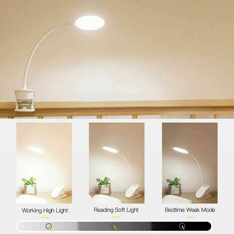 FOREHILL Lampe à clipser, lampe de lecture à piles, lampe à clipser pour lit avec 3 niveaux de luminosité, rechargeable par USB, lampe de lecture