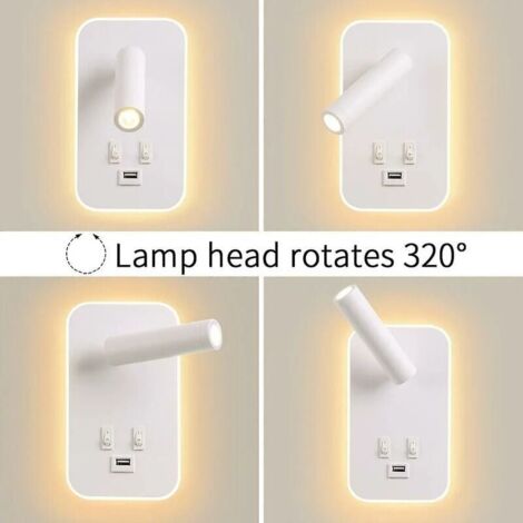 FOREHILL Applique murale LED, liseuse de chevet avec interrupteur, port de charge USB, éclairage d'ambiance réglable pour chambre (lumière naturelle 3 W + lumière chaude 9 W) Blanc