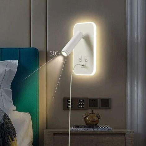 FOREHILL Applique murale LED, liseuse de chevet avec interrupteur, port de charge USB, éclairage d'ambiance réglable pour chambre (lumière naturelle 3 W + lumière chaude 9 W) Blanc