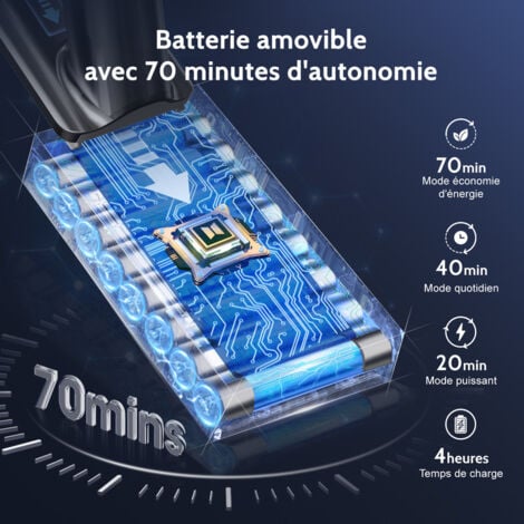65Kpa/600W Aspirateur Balai, autonomie 70 min, filtration à 7 niveaux, Trois modes réglables