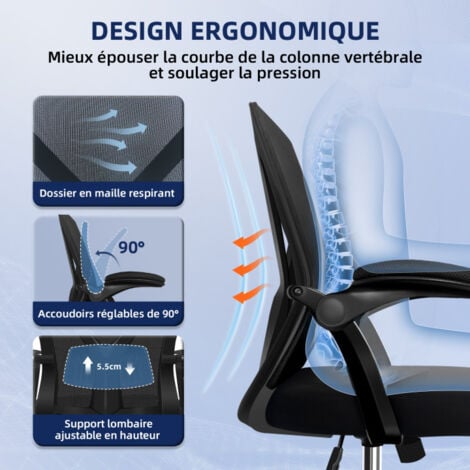 Chaise de Bureau, Siège Inclinable et Ergonomique,  Fauteuil de Bureau avec Accoudoirs Pliables, Soutien Lombaire Réglable, Maille Respirante, Charge 150kg
