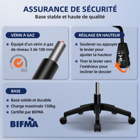 Chaise de Bureau, Siège Inclinable et Ergonomique,  Fauteuil de Bureau avec Accoudoirs Pliables, Soutien Lombaire Réglable, Maille Respirante, Charge 150kg