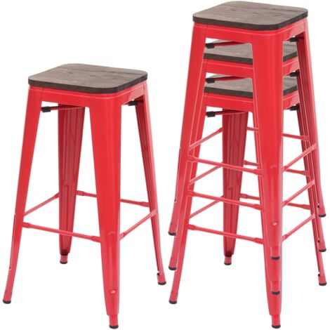Juego de 4 taburetes de bar HHG-766 incl. asiento de madera, taburete de bar taburete de mostrador, metal diseño industrial apilable, rojo (1/5)