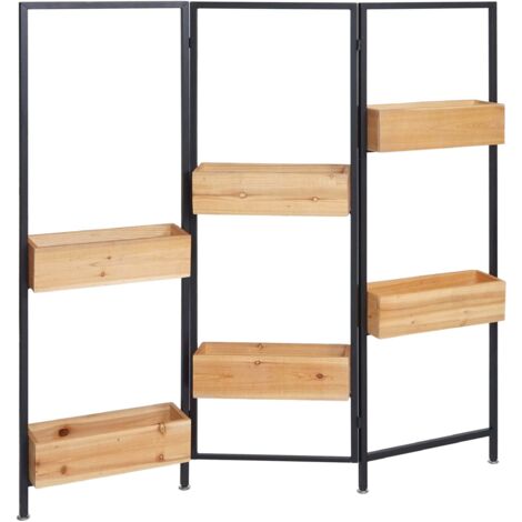 Separador de ambientes con jardinera HHG-477, separador de ambientes con jardinera, madera-acero 116x118cm, marco negro, color natural
