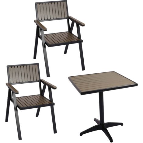 Juego de 2 sillas de jardín + mesa de jardín HHG-861, silla mesa, revestimiento exterior gastro, aluminio aspecto madera, negro, gris (1/5)