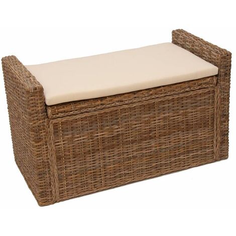 Banco M92 Banco armario Taburete banco, con espacio de almacenamiento Cojín Kubu ratán 88cm, kubu gris