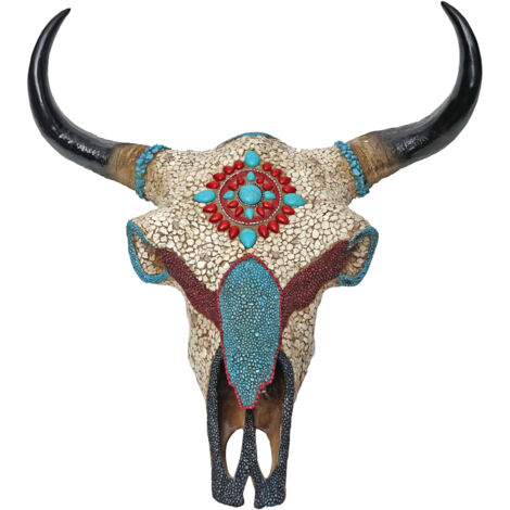 Deco Cráneo de Vaca HHG-627, Cabeza de Toro Cabeza de Animal Trofeo Cabeza de Vaca con Mosaico, Poliresina 51x50x25cm