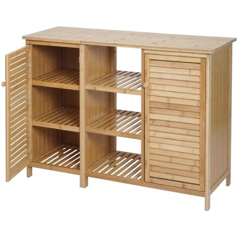 Mueble baño HHG-837, estantería cajonera mueble baño estantería baño, 2 puertas bambú 75x99x33cm