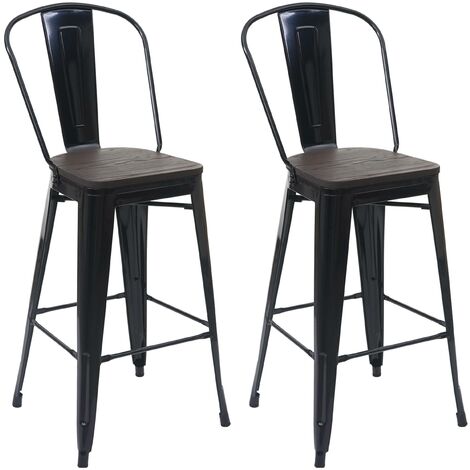 [NUNCA USADO] Juego de 2 taburetes de bar HHG-407 incl. asiento de madera, taburete de bar con respaldo, metal diseño industrial, negro