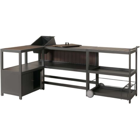 [NUNCA USADO] Cocina exterior de aluminio de 3 piezas HHG-810, cocina exterior de jardín carrito para servir cubitera, antracita, aspecto madera oscura (1/5)