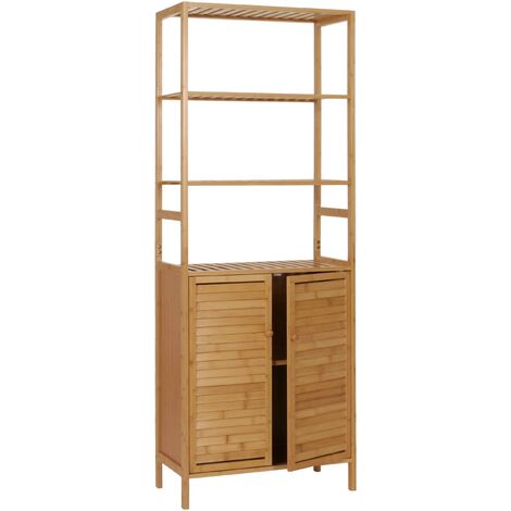 Armario alto HHG-877, armario de baño estantería de baño, 2 puertas 4 estantes bambú MDF 168x64x33cm