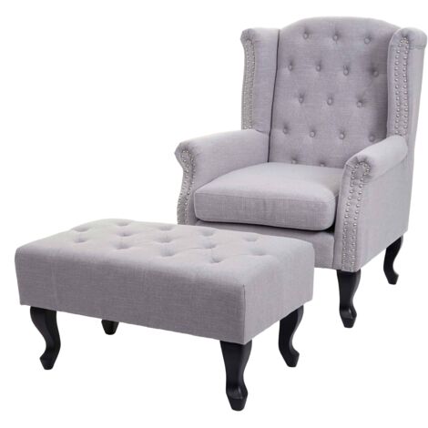 [NUNCA USADO] Sillón Chesterfield, sillón club reclinable sillón wing, tela/textil hidrófugo, gris con otomana