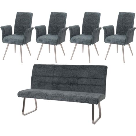 Juego de comedor HHG-221, juego de 4 sillas con reposabrazos + banqueta 180cm, acero inoxidable cepillado tela/textil chenilla, azul-verde (1/5)