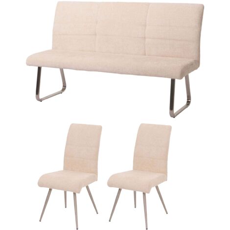 Juego de comedor HHG-102, juego de 2 sillas + banco 160cm, acero inoxidable cepillado tela/textil chenilla, crema (1/5)