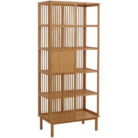 Estante de suelo de bambú HHG-588, armario de baño armario de baño estante de baño cómoda, 5 estantes puerta corredera MVG 186x80x45cm