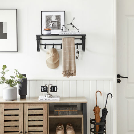 Porte-manteau Mural avec 5 Crochets et une Étagère, Noir, Métal et Bois